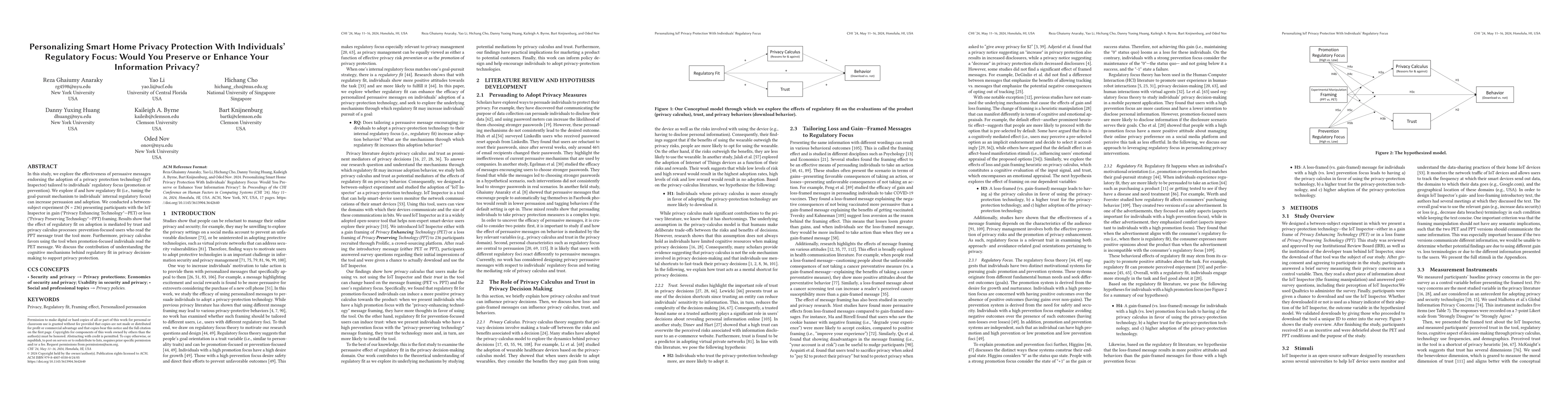 Thumbnail for Personalizing Smart Home Privacy Protection With Individuals' Regulatory
  Focus: Would You Preserve or Enhance Your Information Privacy?