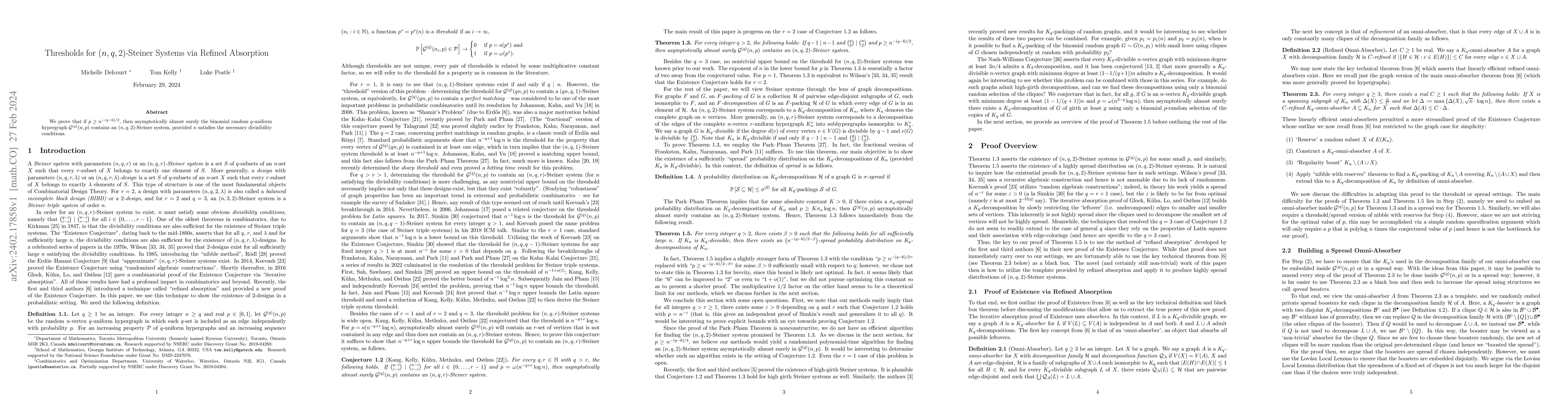 Thumbnail for Thresholds for $(n,q,2)$-Steiner Systems via Refined Absorption