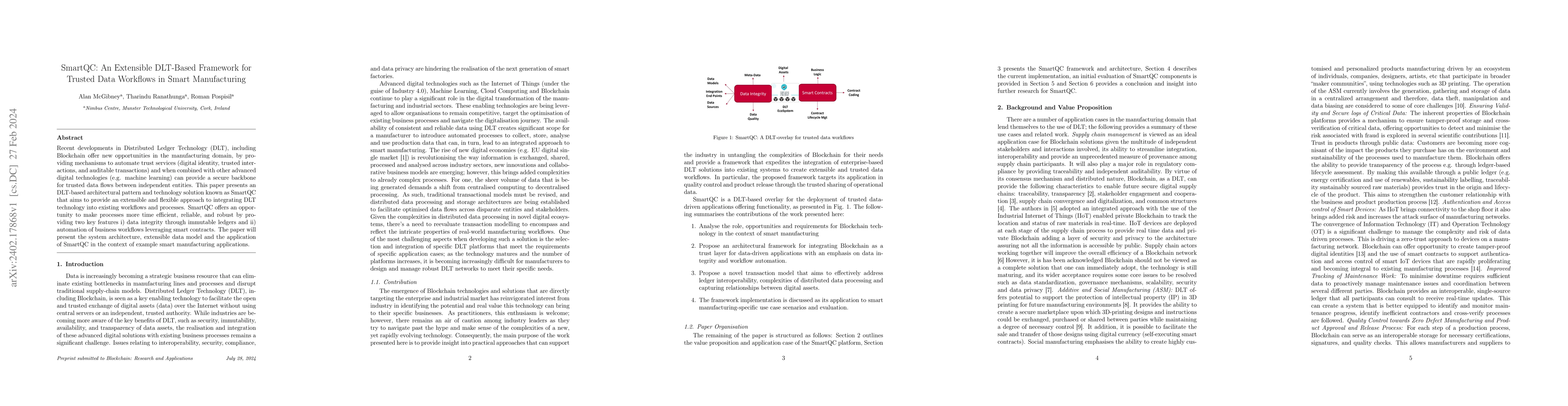 Thumbnail for SmartQC: An Extensible DLT-Based Framework for Trusted Data Workflows in
  Smart Manufacturing