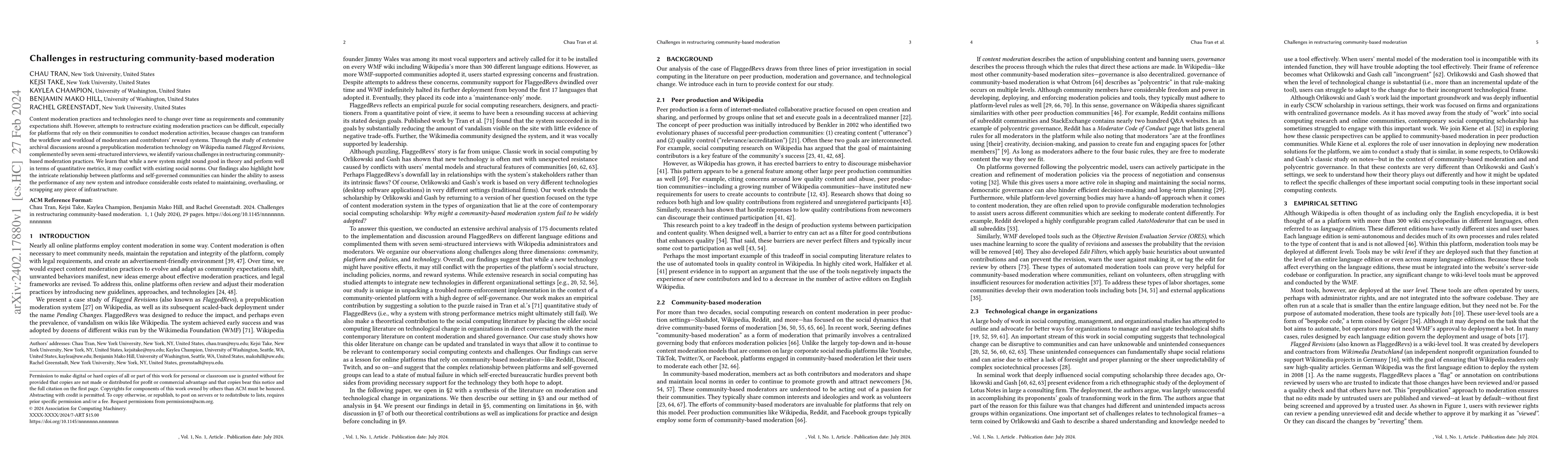 Thumbnail for Challenges in Restructuring Community-based Moderation