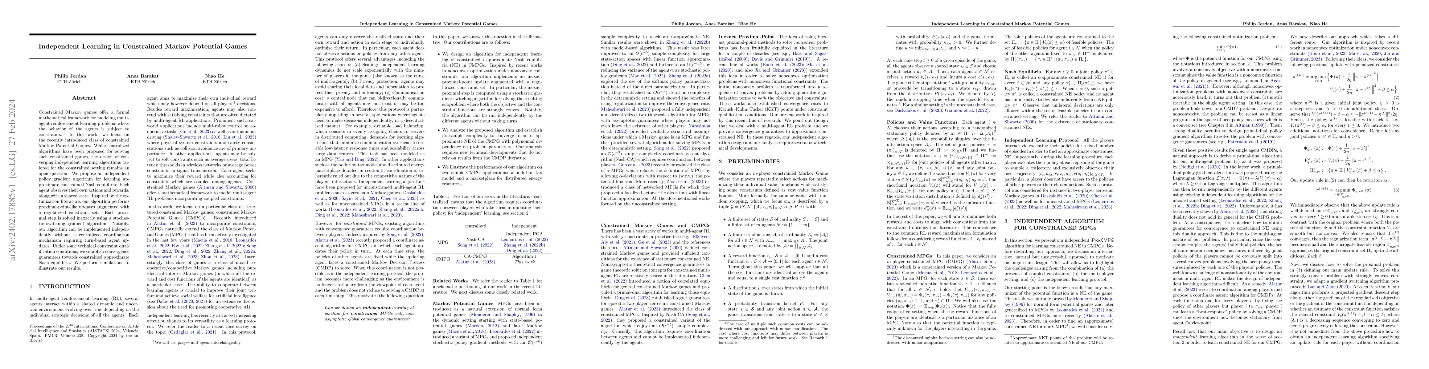 Thumbnail for Independent Learning in Constrained Markov Potential Games