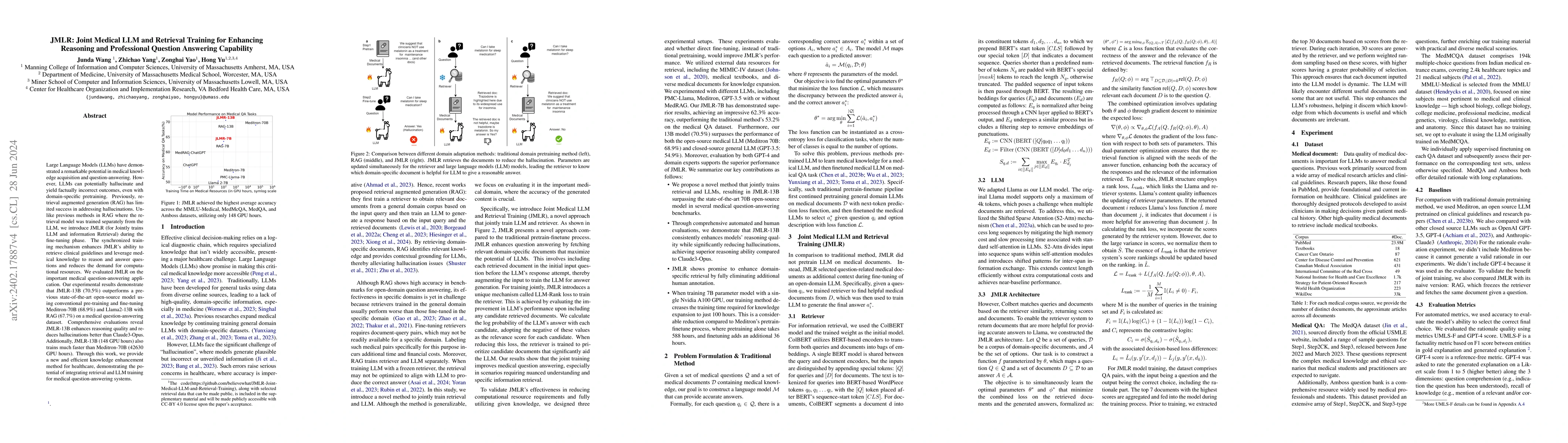 Thumbnail for JMLR: Joint Medical LLM and Retrieval Training for Enhancing Reasoning
  and Professional Question Answering Capability