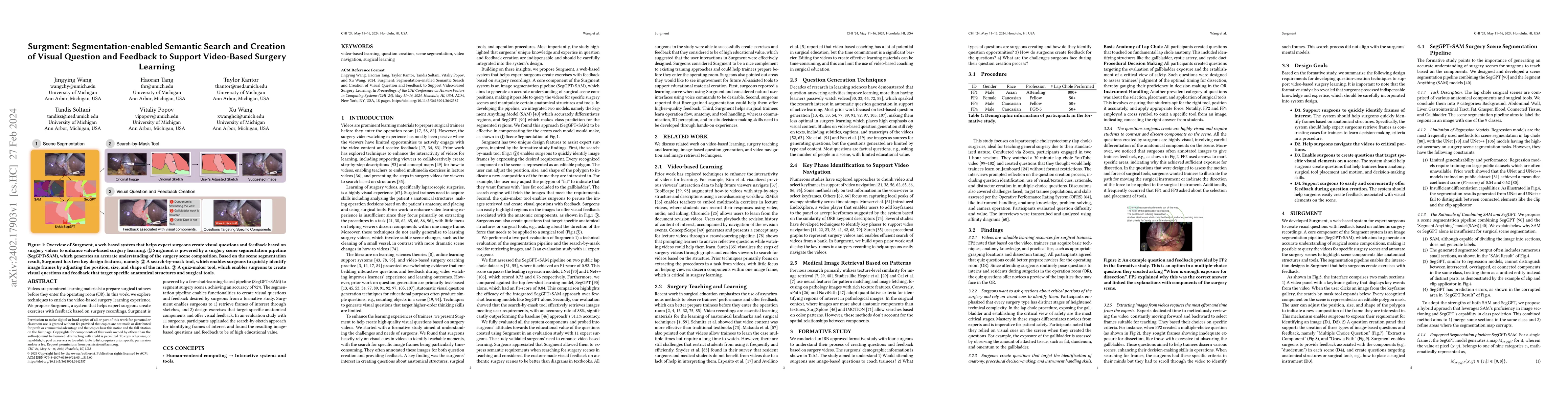 Thumbnail for Surgment: Segmentation-enabled Semantic Search and Creation of Visual
  Question and Feedback to Support Video-Based Surgery Learning