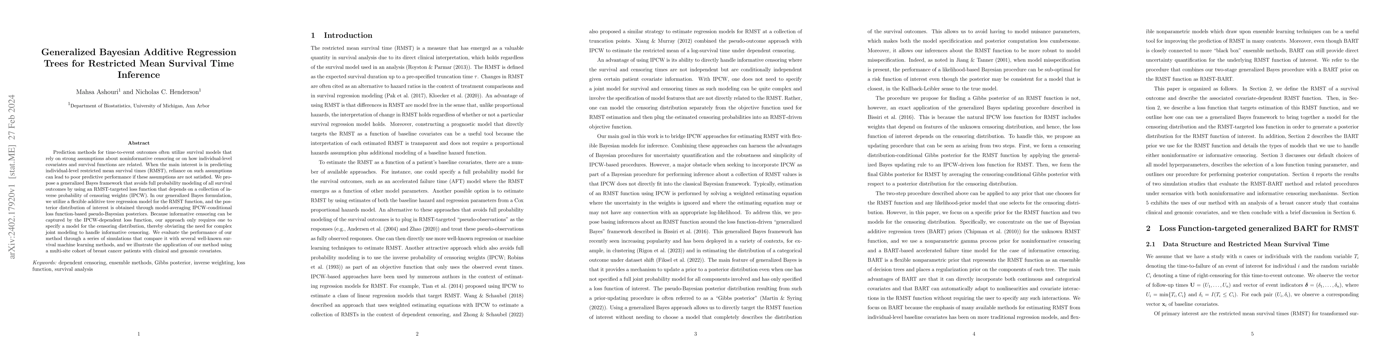Thumbnail for Generalized Bayesian Additive Regression Trees for Restricted Mean
  Survival Time Inference
