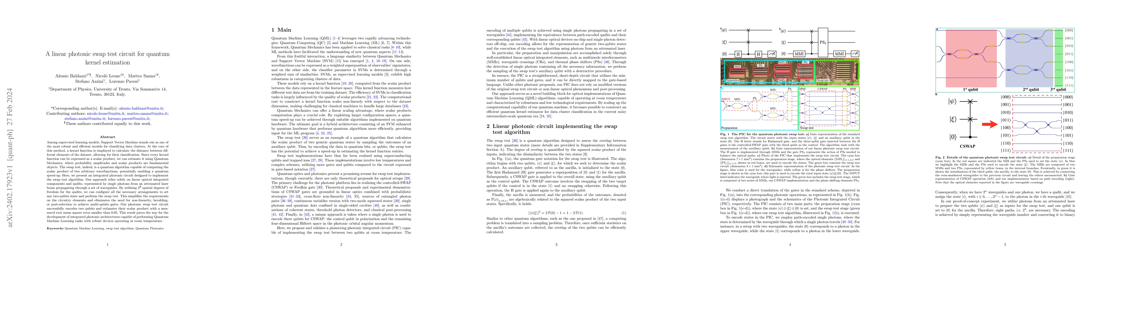 Thumbnail for A linear photonic swap test circuit for quantum kernel estimation
