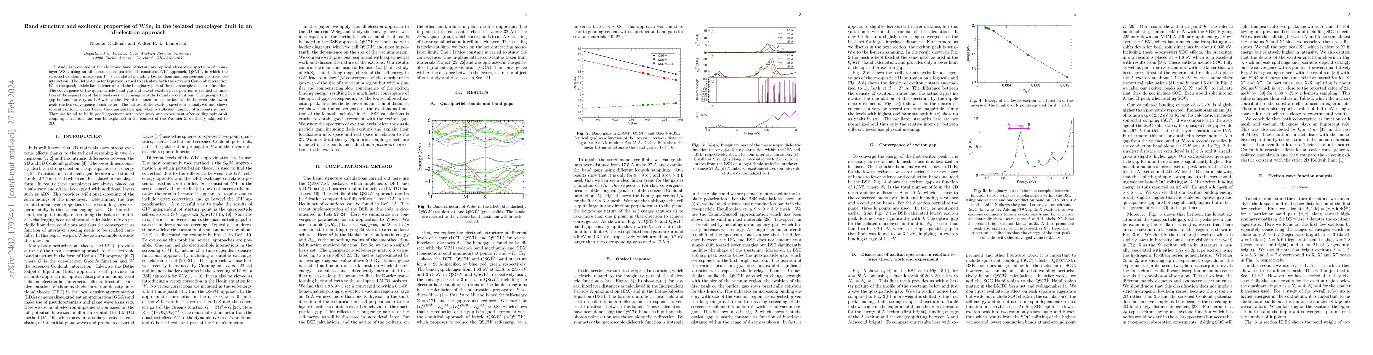 Thumbnail for Band structure and excitonic properties of WSe$_2$ in the isolated
  monolayer limit in an all-electron approach