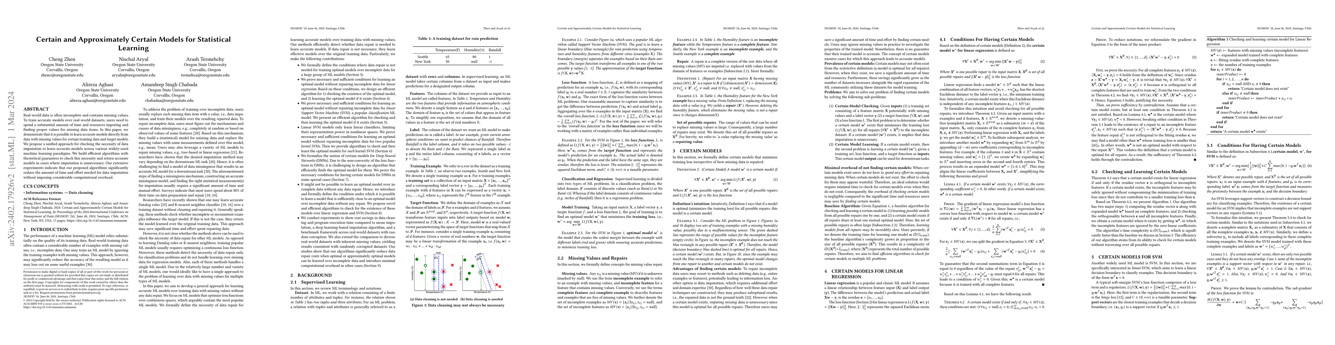 Thumbnail for Certain and Approximately Certain Models for Statistical Learning