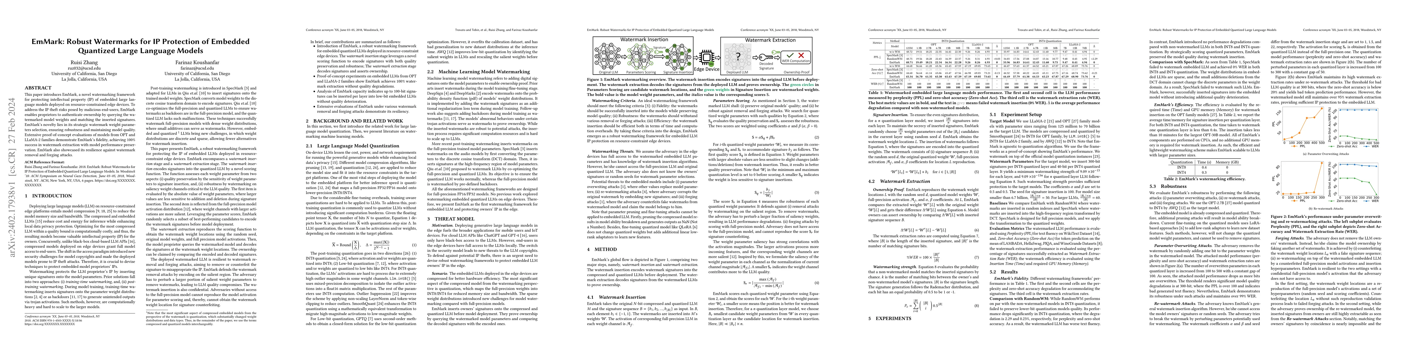 Thumbnail for EmMark: Robust Watermarks for IP Protection of Embedded Quantized Large
  Language Models