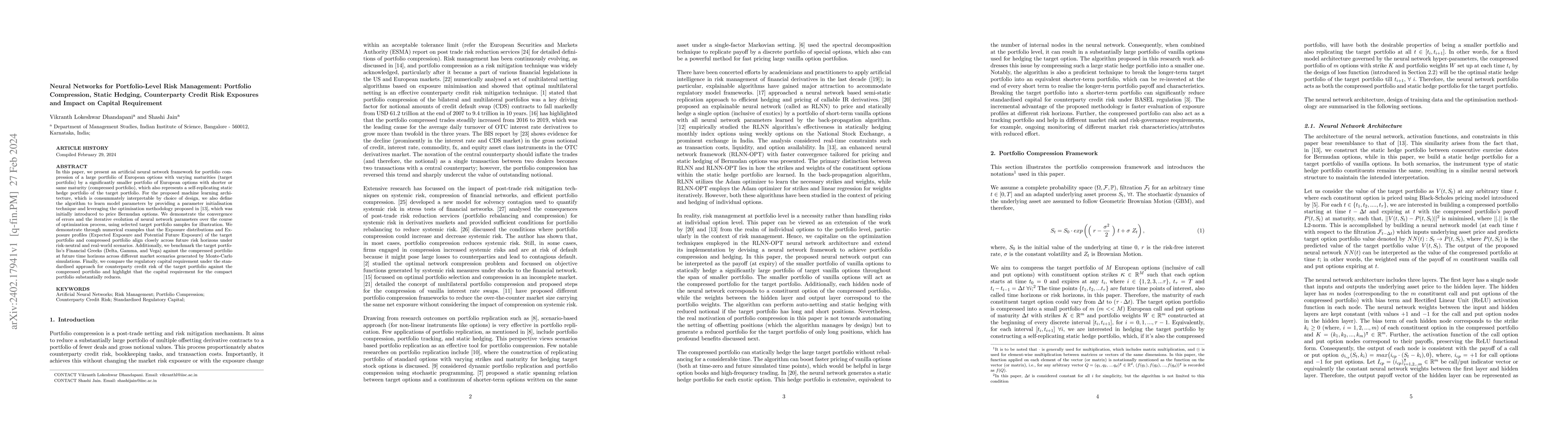 Thumbnail for Neural Networks for Portfolio-Level Risk Management: Portfolio
  Compression, Static Hedging, Counterparty Credit Risk Exposures and Impact on
  Capital Requirement
