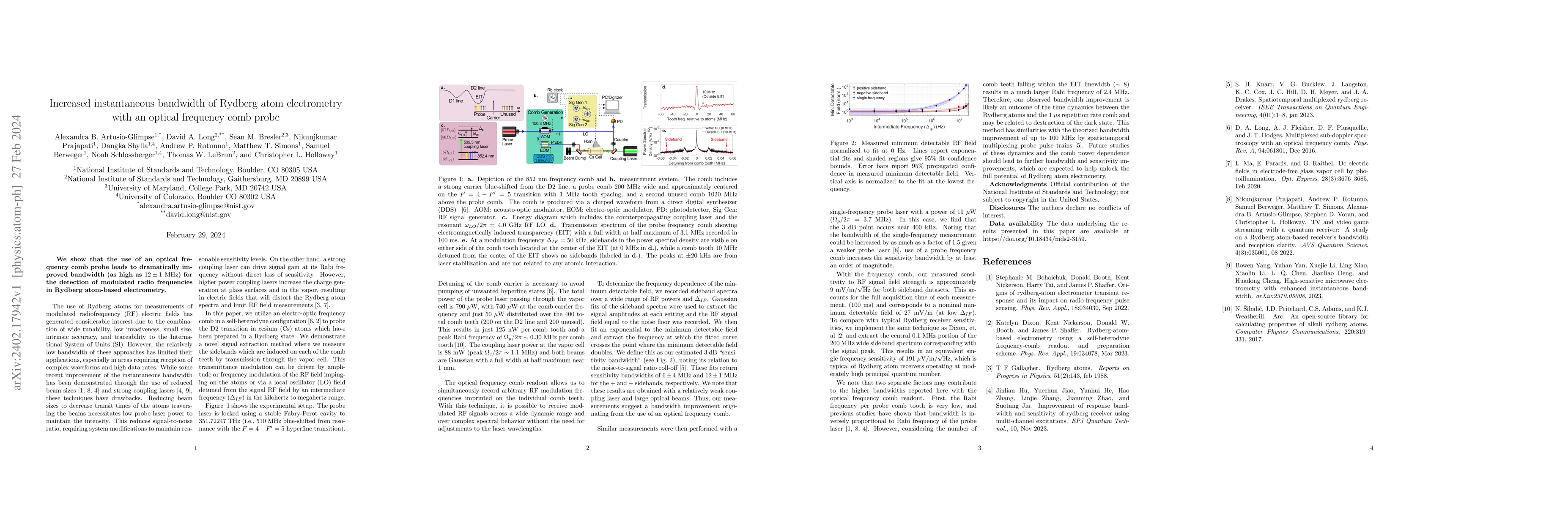 Thumbnail for Increased instantaneous bandwidth of Rydberg atom electrometry with an
  optical frequency comb probe