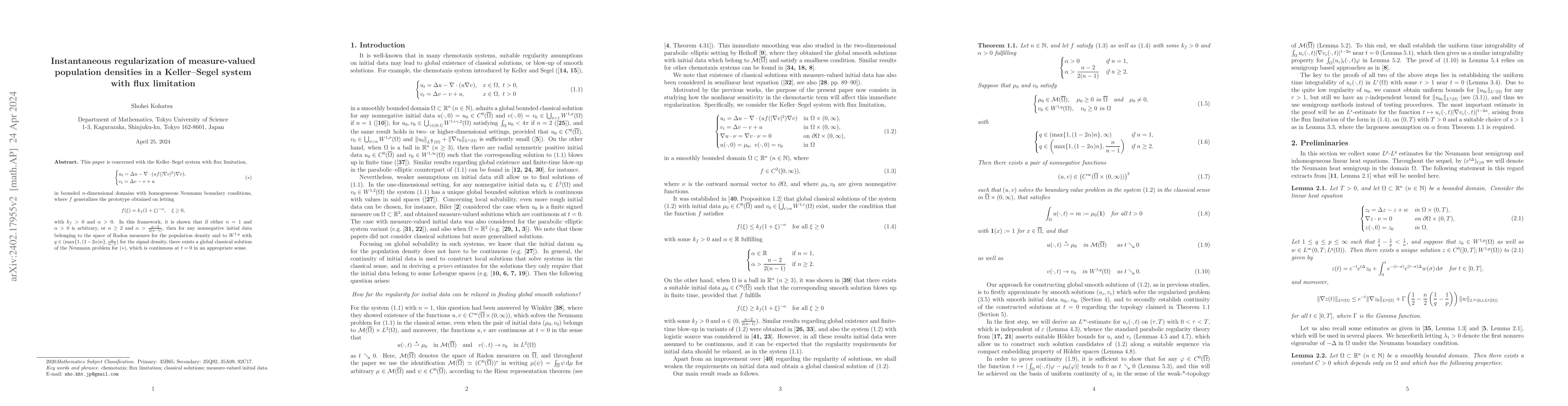 Thumbnail for Instantaneous regularization of measure-valued population densities in a
  Keller--Segel system with flux limitation