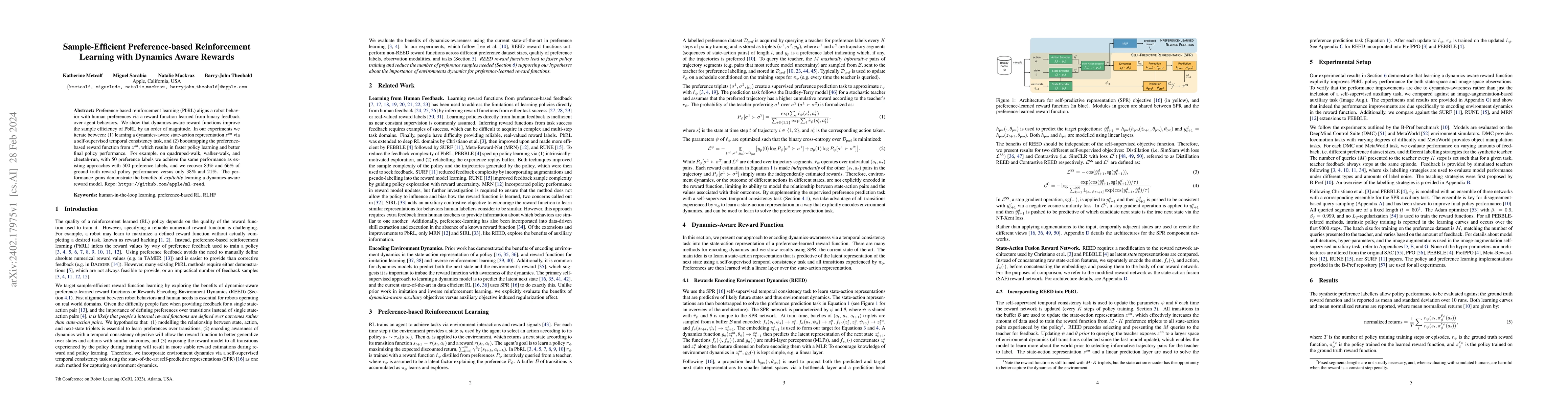 Thumbnail for Sample-Efficient Preference-based Reinforcement Learning with Dynamics
  Aware Rewards