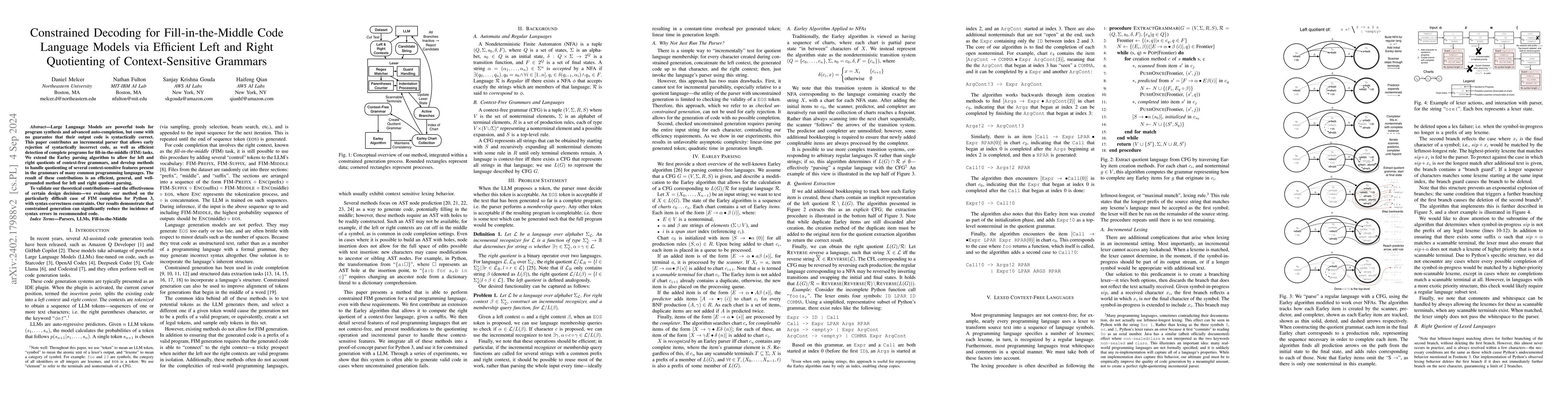 Thumbnail for Constrained Decoding for Code Language Models via Efficient Left and
  Right Quotienting of Context-Sensitive Grammars