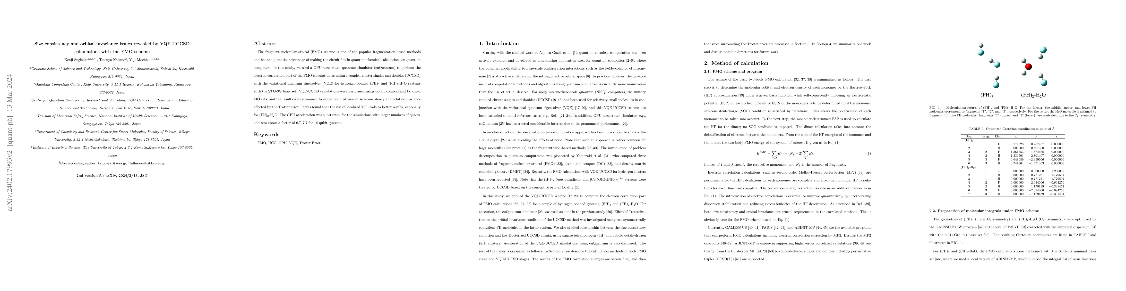 Thumbnail for Size-consistency and orbital-invariance issues revealed by VQE-UCCSD
  calculations with the FMO scheme
