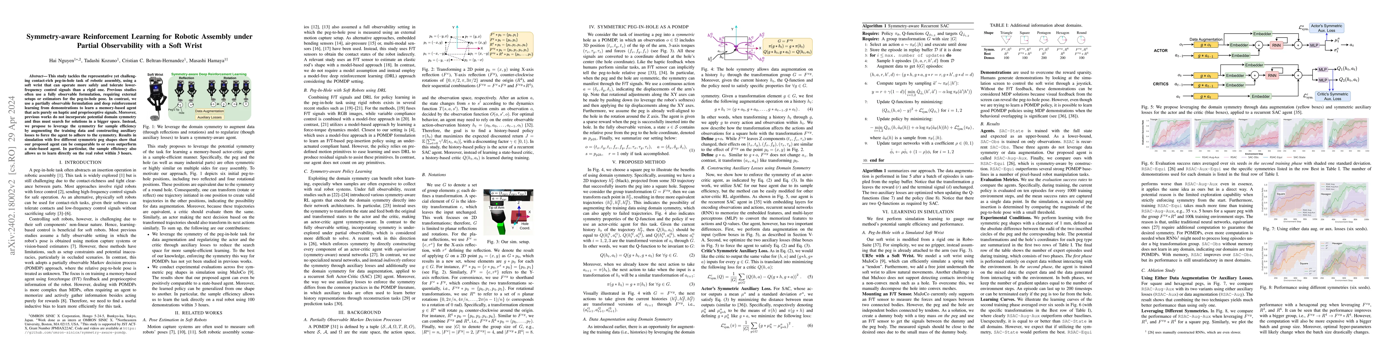 Thumbnail for Symmetry-aware Reinforcement Learning for Robotic Assembly under Partial
  Observability with a Soft Wrist