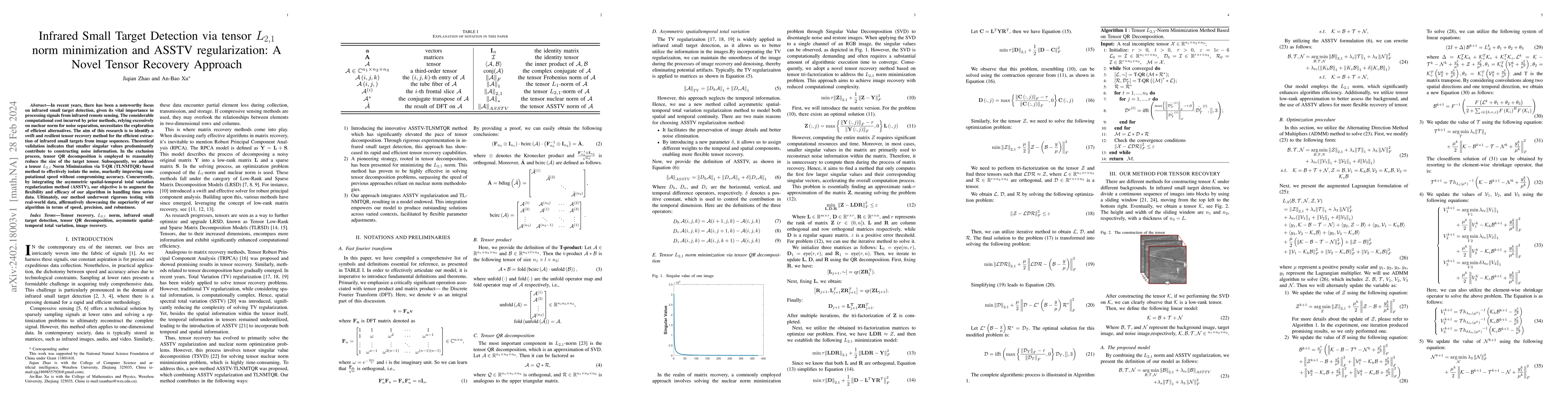 Thumbnail for Infrared Small Target Detection via tensor $L_{2,1}$ norm minimization
  and ASSTV regularization: A Novel Tensor Recovery Approach