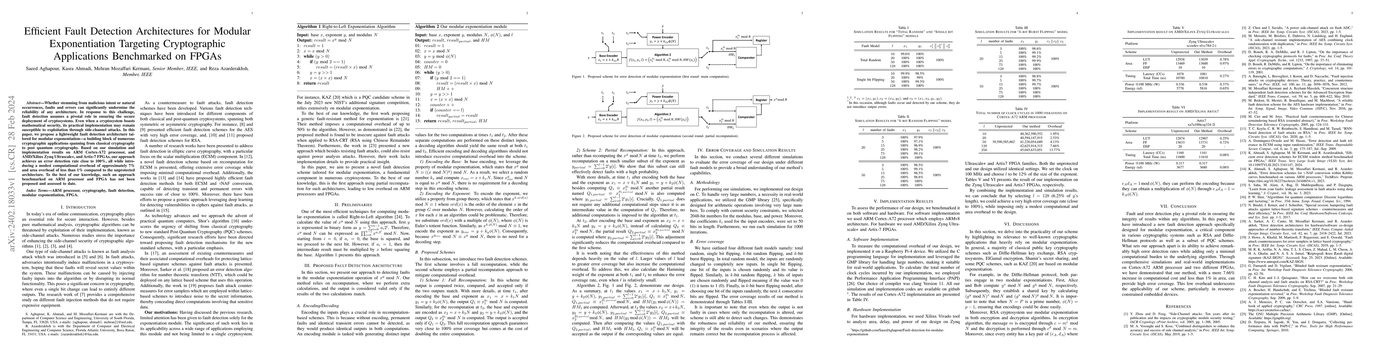 Thumbnail for Efficient Fault Detection Architectures for Modular Exponentiation
  Targeting Cryptographic Applications Benchmarked on FPGAs