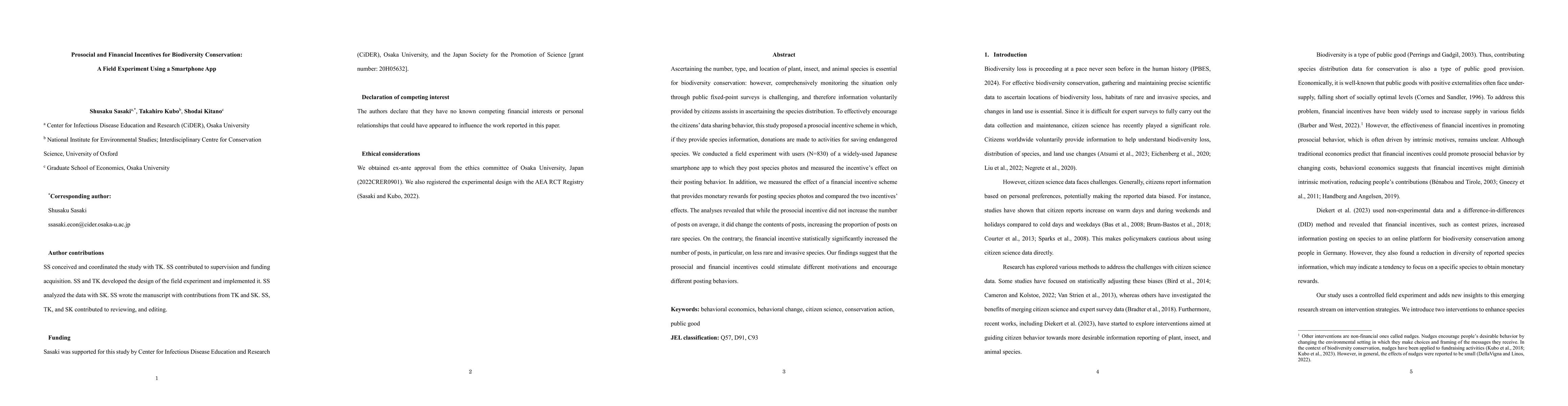 Thumbnail for Prosocial and Financial Incentives for Biodiversity Conservation: A
  Field Experiment Using a Smartphone App