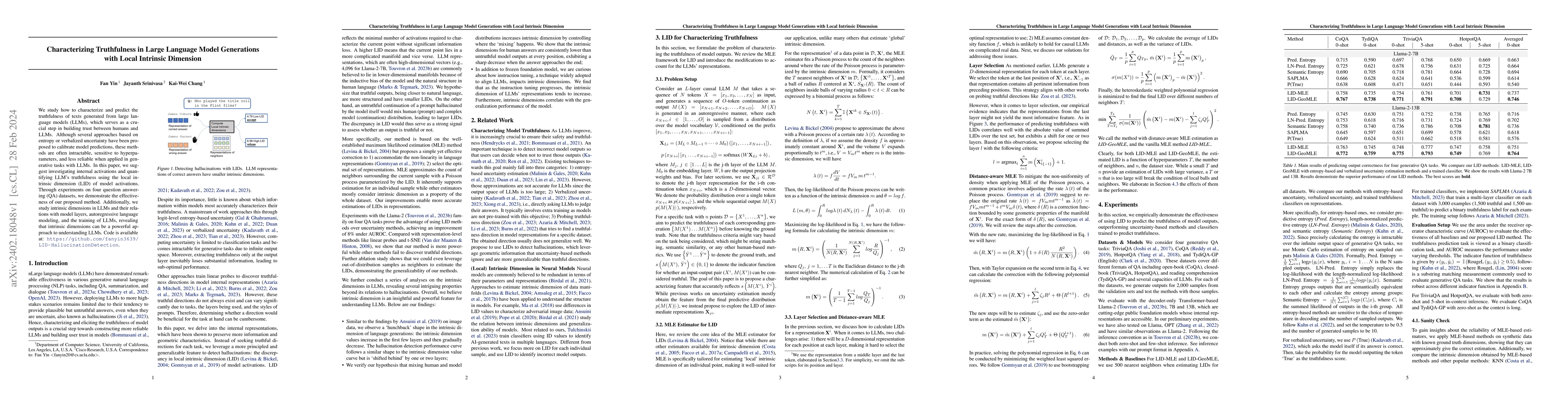 Thumbnail for Characterizing Truthfulness in Large Language Model Generations with
  Local Intrinsic Dimension