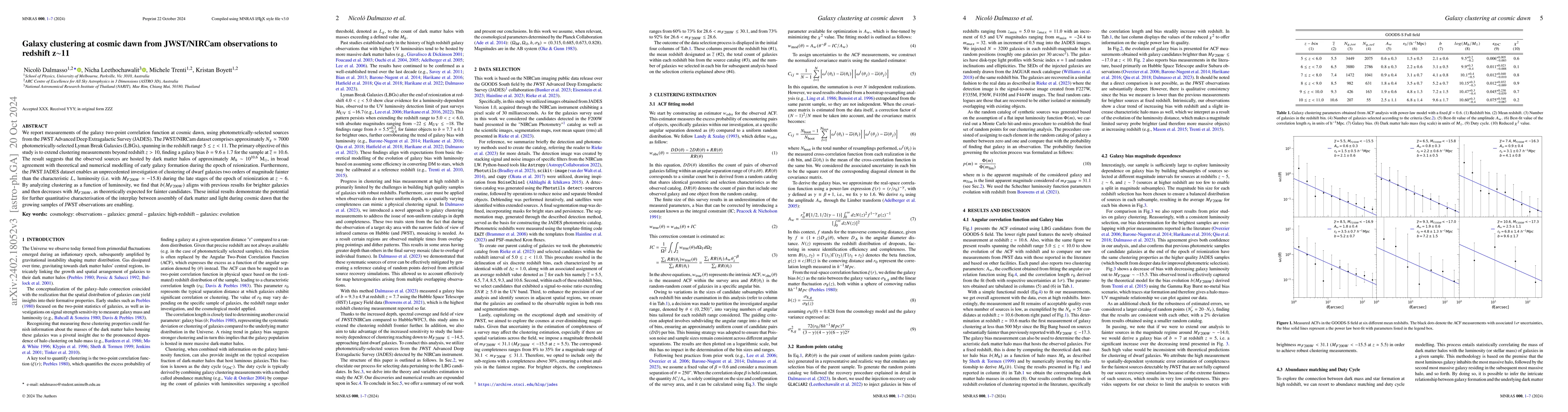 Thumbnail for Galaxy clustering at cosmic dawn from JWST/NIRCam observations to
  redshift z$\sim$11