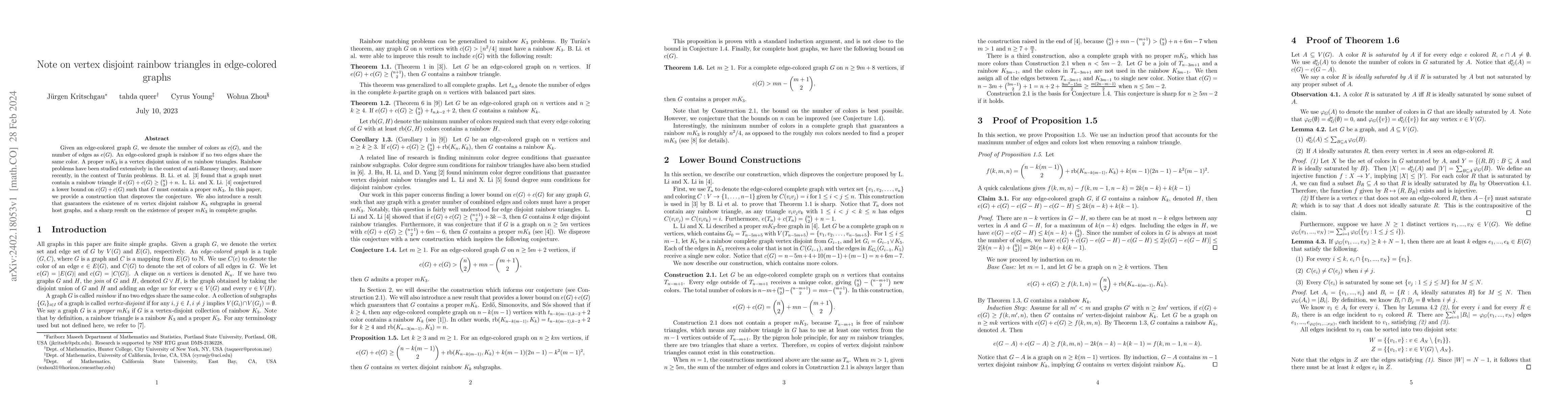 Thumbnail for Note on vertex disjoint rainbow triangles in edge-colored graphs