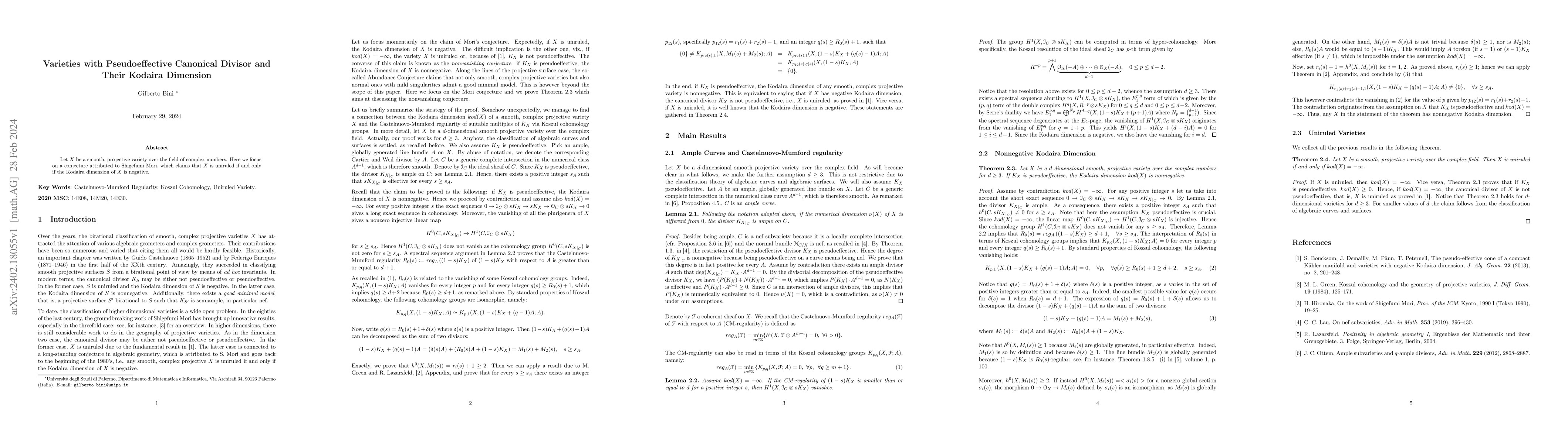 Thumbnail for Varieties with pseudoeffective canonical divisor and their Kodaira
  dimension