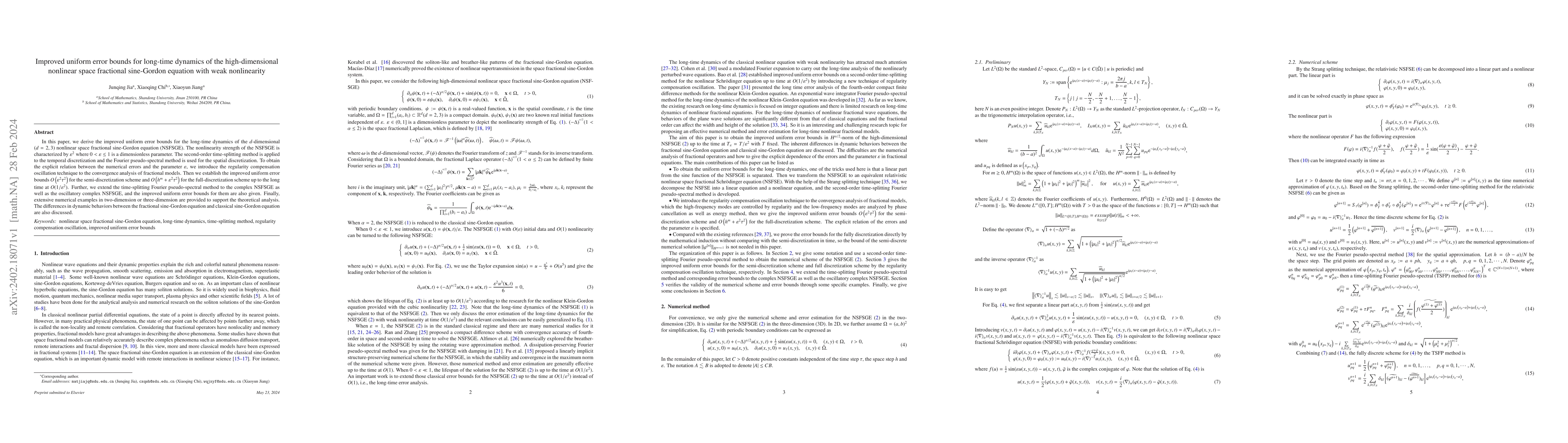 Thumbnail for Improved uniform error bounds for long-time dynamics of the
  high-dimensional nonlinear space fractional sine-Gordon equation with weak
  nonlinearity