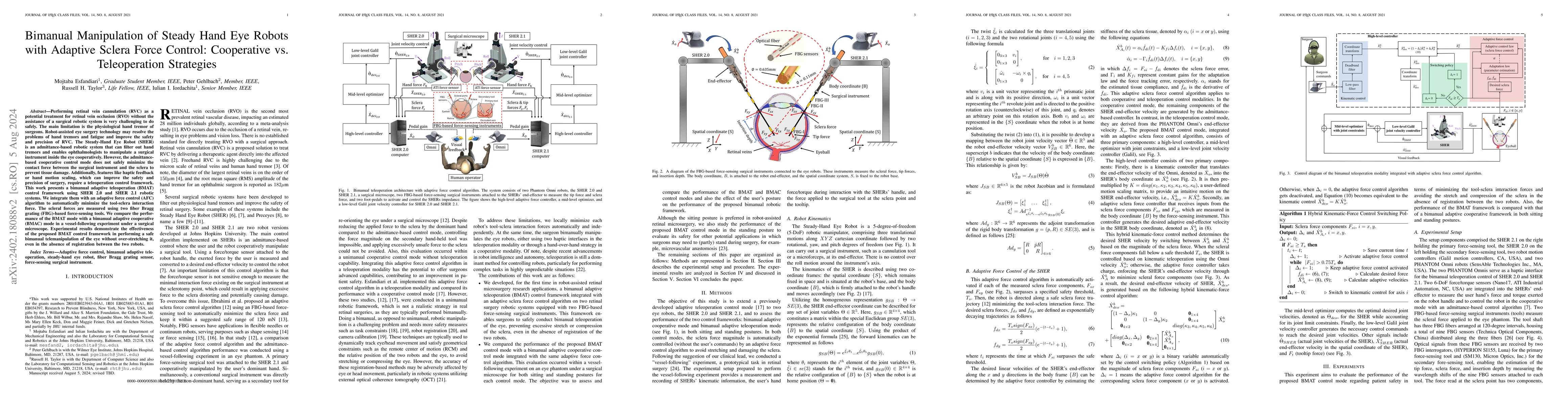 Thumbnail for Bimanual Manipulation of Steady Hand Eye Robots with Adaptive Sclera
  Force Control: Cooperative vs. Teleoperation Strategies