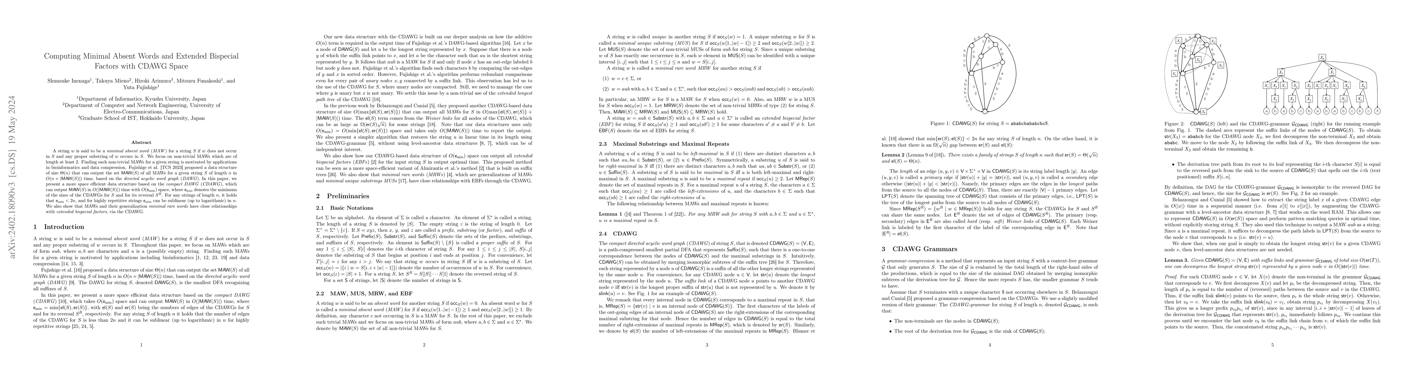 Thumbnail for Computing Minimal Absent Words and Extended Bispecial Factors with CDAWG
  Space