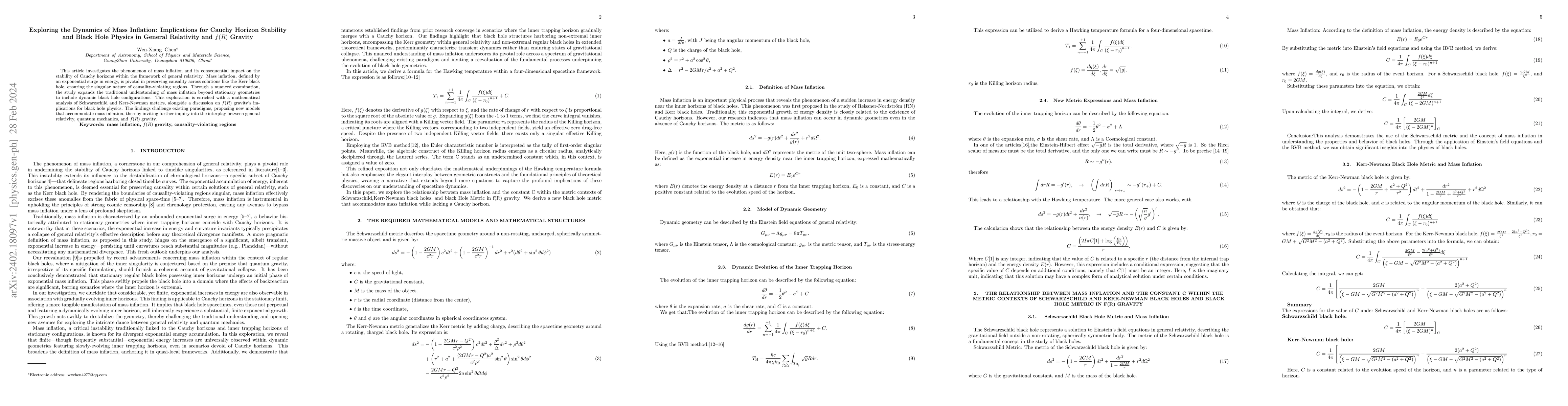 Thumbnail for Exploring the Dynamics of Mass Inflation: Implications for Cauchy
  Horizon Stability and Black Hole Physics in General Relativity and $f(R)$
  Gravity