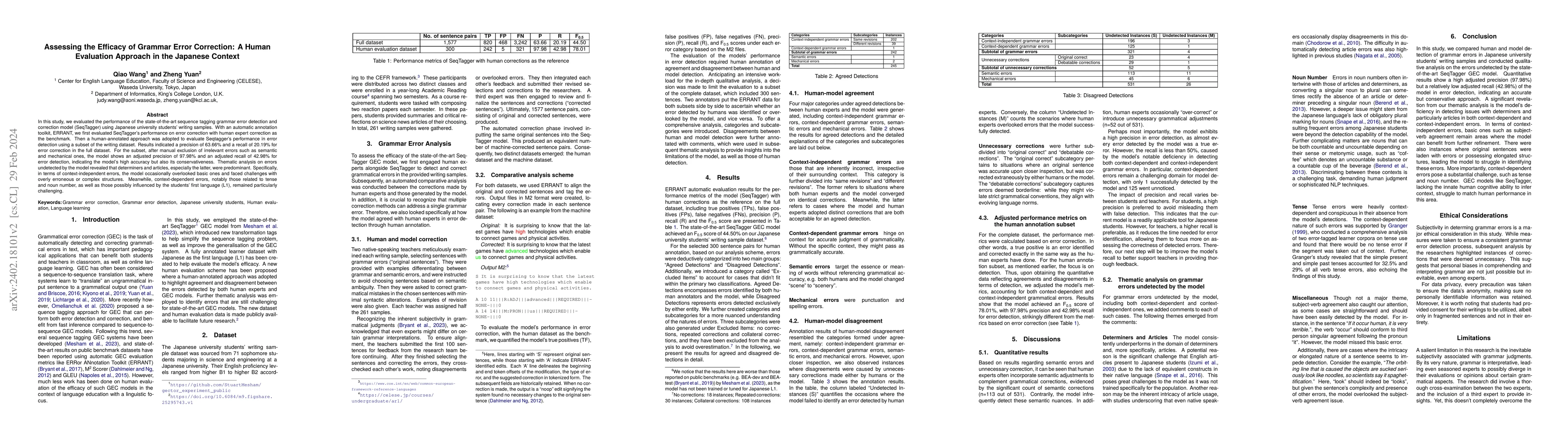 Thumbnail for Assessing the Efficacy of Grammar Error Correction: A Human Evaluation
  Approach in the Japanese Context