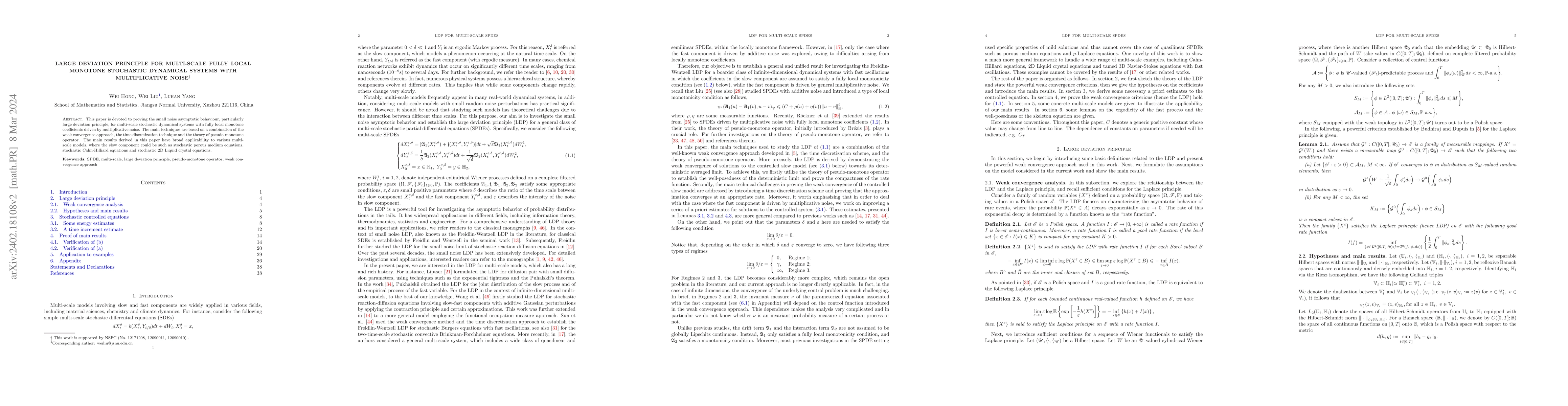 Thumbnail for Large Deviation Principle for Multi-Scale Fully Local Monotone
  Stochastic Dynamical Systems with Multiplicative Noise