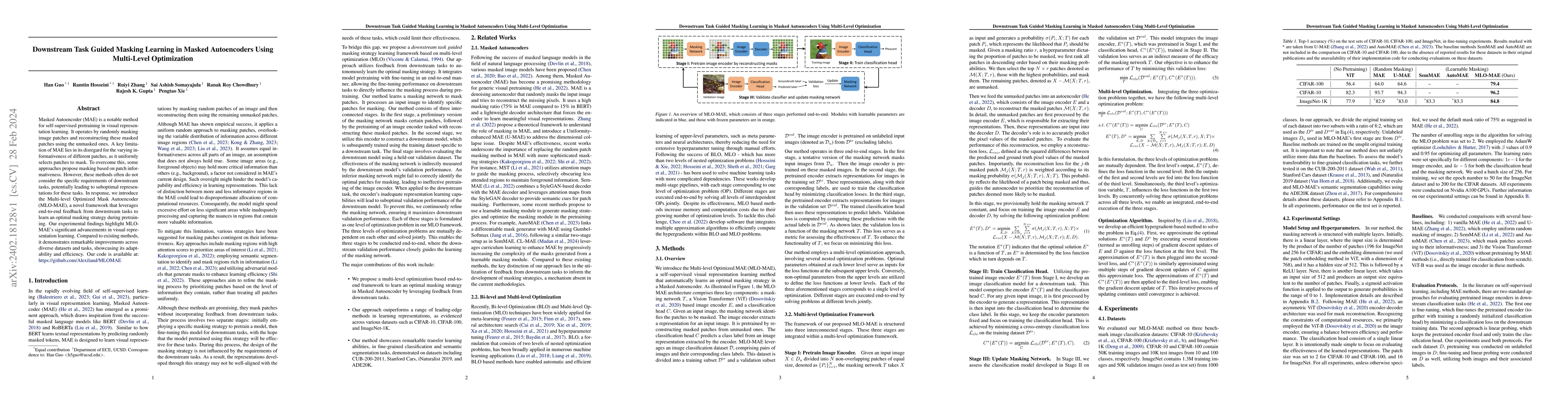 Thumbnail for Downstream Task Guided Masking Learning in Masked Autoencoders Using
  Multi-Level Optimization