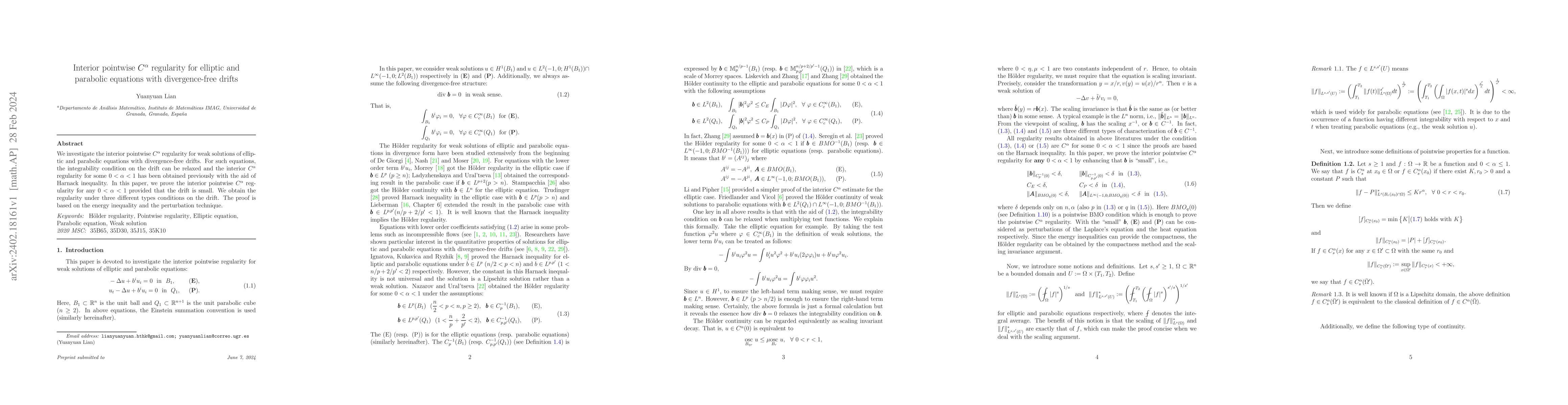 Thumbnail for Interior pointwise $C^{\alpha}$ regularity for elliptic and parabolic
  equations with divergence-free drifts