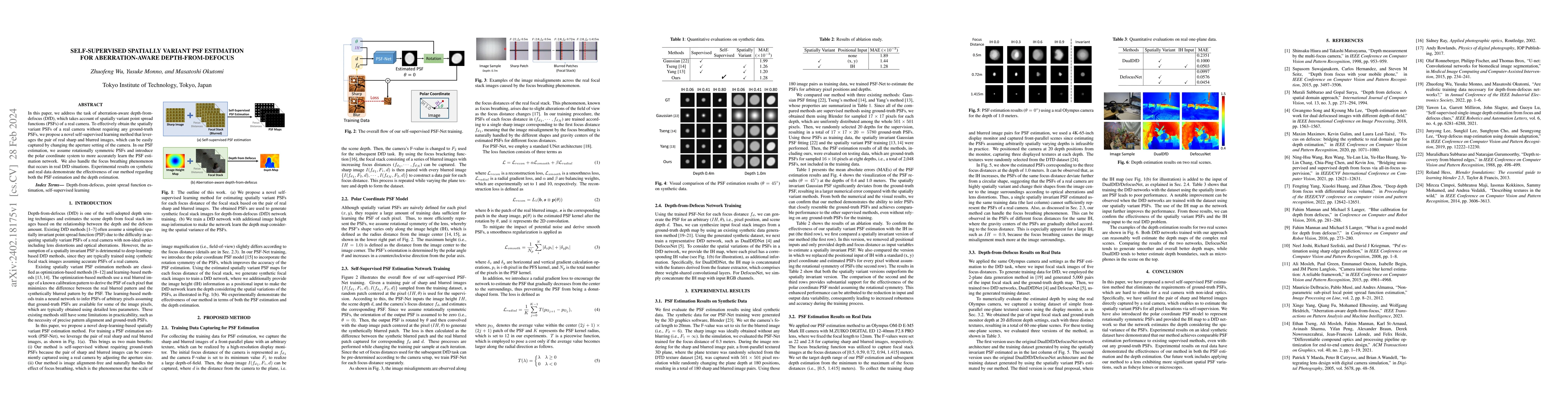 Thumbnail for Self-Supervised Spatially Variant PSF Estimation for Aberration-Aware
  Depth-from-Defocus