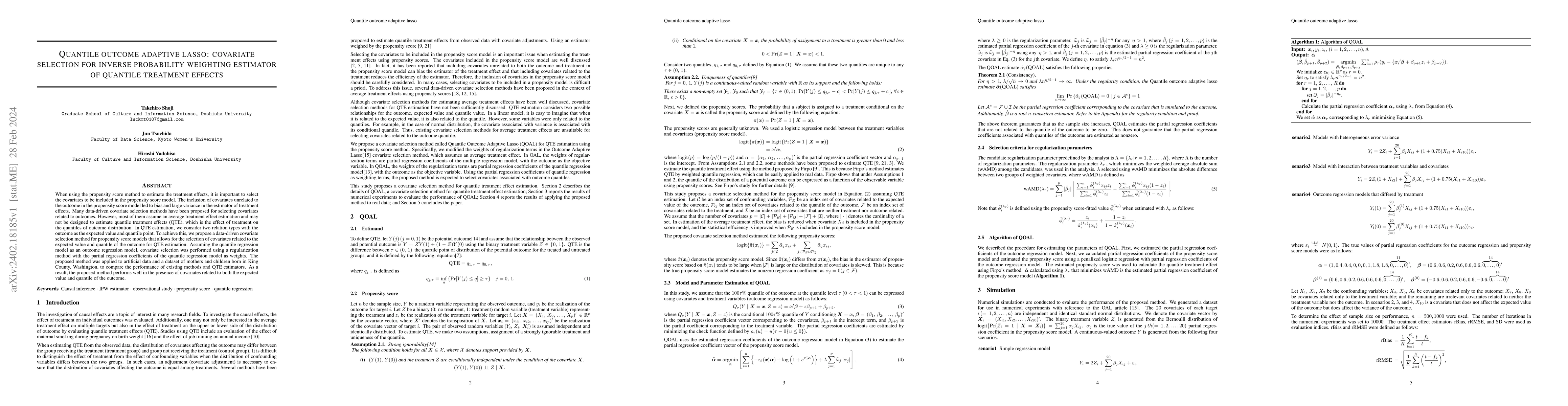 Thumbnail for Quantile Outcome Adaptive Lasso: Covariate Selection for Inverse
  Probability Weighting Estimator of Quantile Treatment Effects