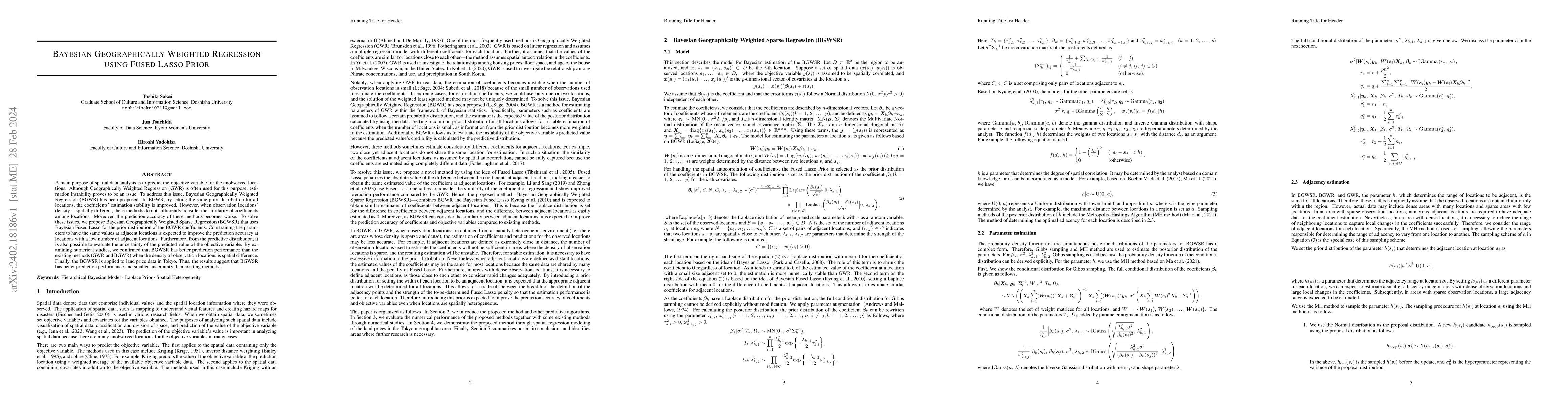 Thumbnail for Bayesian Geographically Weighted Regression using Fused Lasso Prior
