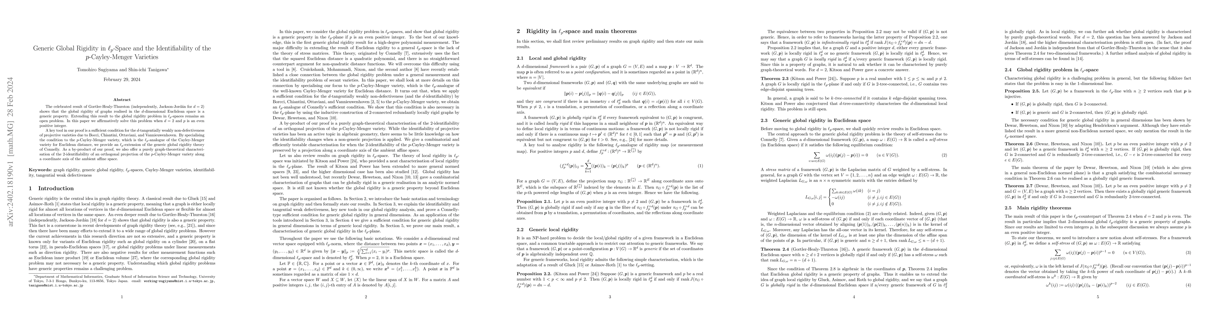 Thumbnail for Generic Global Rigidity in $\ell_p$-Space and the Identifiability of the
  $p$-Cayley-Menger Varieties