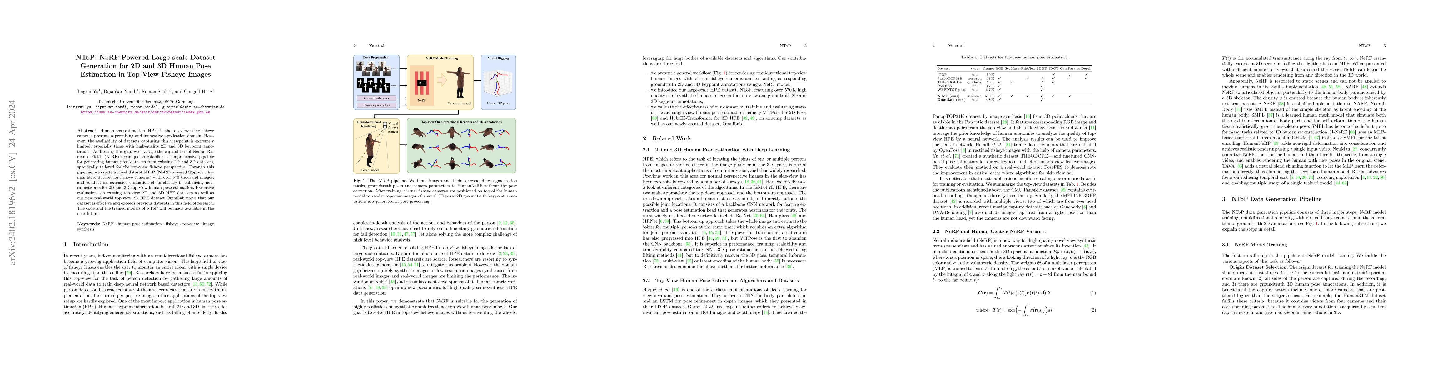 Thumbnail for NToP: NeRF-Powered Large-scale Dataset Generation for 2D and 3D Human
  Pose Estimation in Top-View Fisheye Images