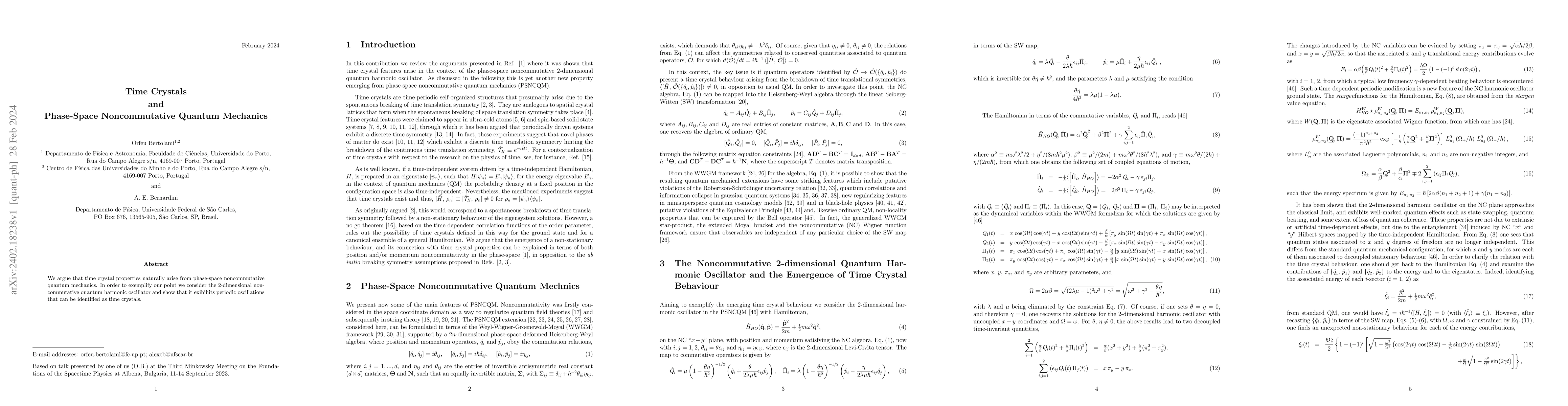 Thumbnail for Time Crystals and Phase-Space Noncommutative Quantum Mechanics