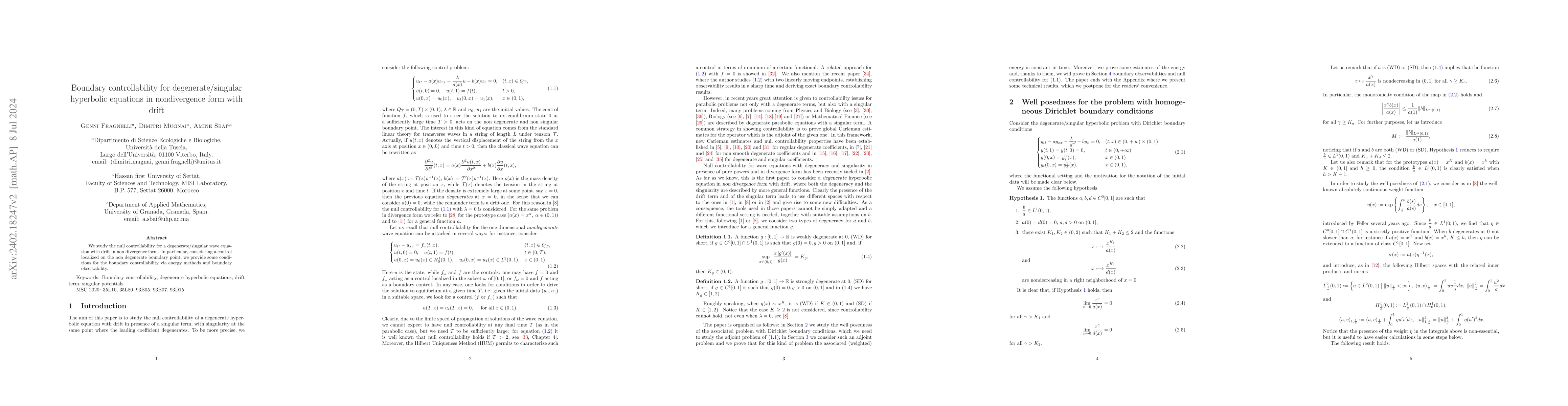 Thumbnail for Boundary controllability for degenerate/singular hyperbolic equations in
  nondivergence form with drift