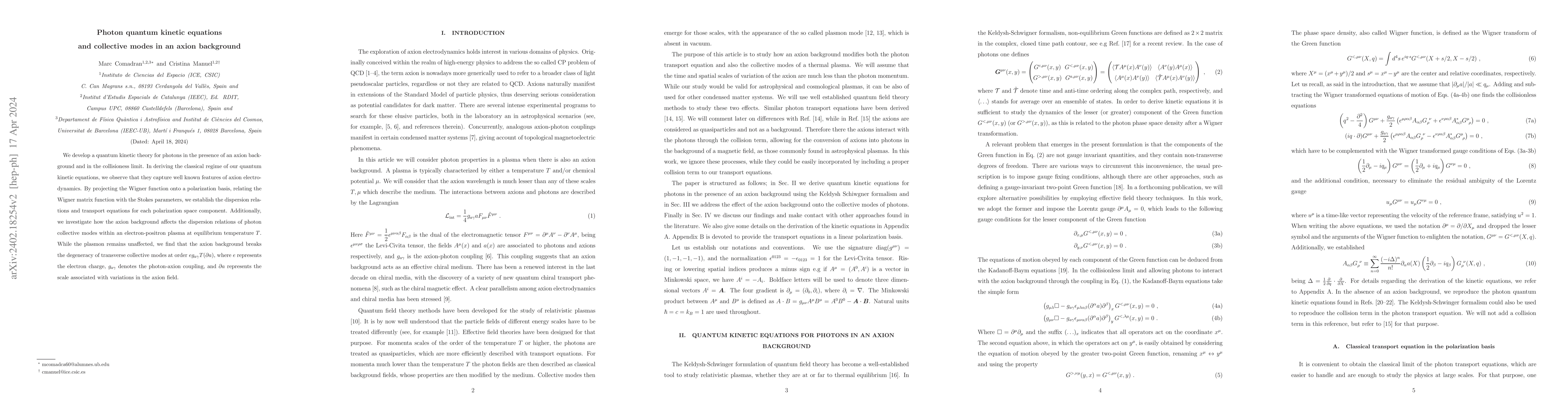 Thumbnail for Photon quantum kinetic equations and collective modes in an axion
  background