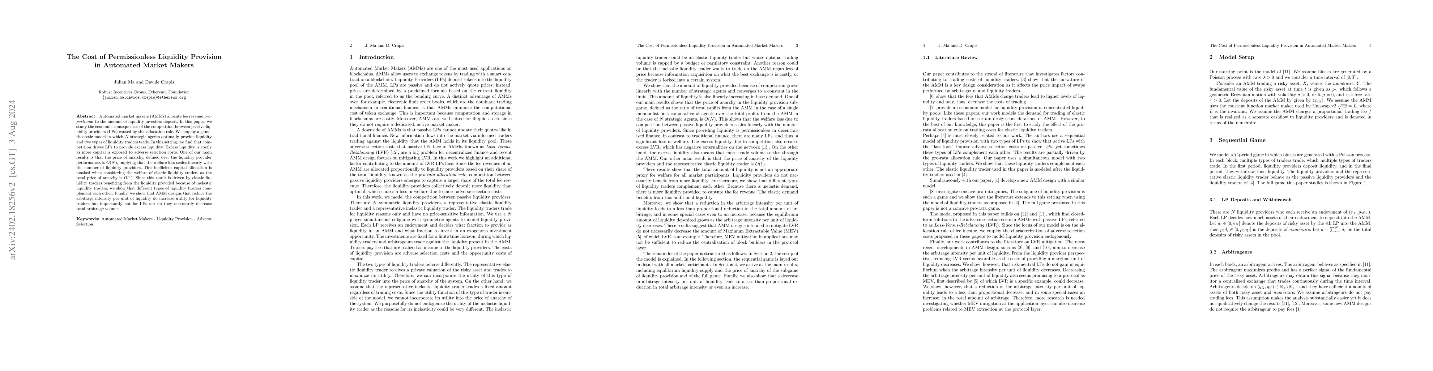 Thumbnail for The Cost of Permissionless Liquidity Provision in Automated Market
  Makers