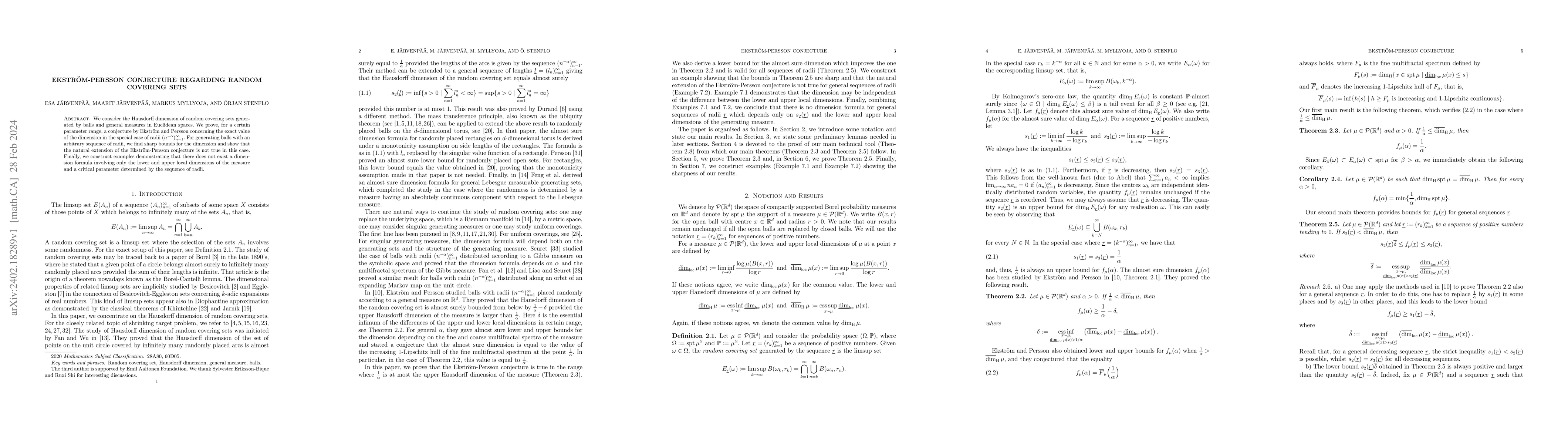 Thumbnail for Ekstr\"om-Persson conjecture regarding random covering sets