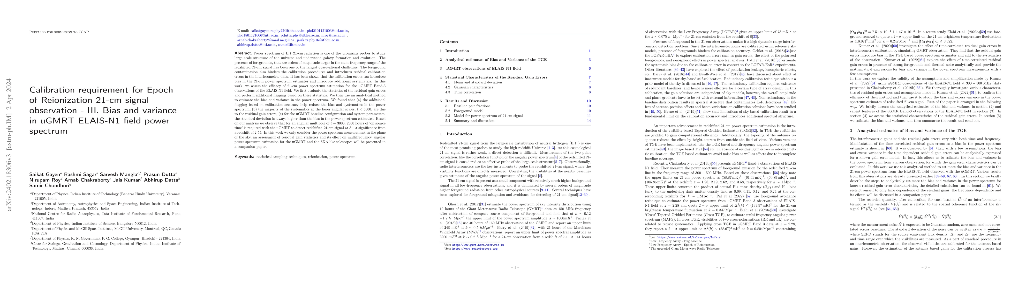 Thumbnail for Calibration requirement for Epoch of Reionization 21-cm signal
  observation -- III. Bias and variance in uGMRT ELAIS-N1 field power spectrum