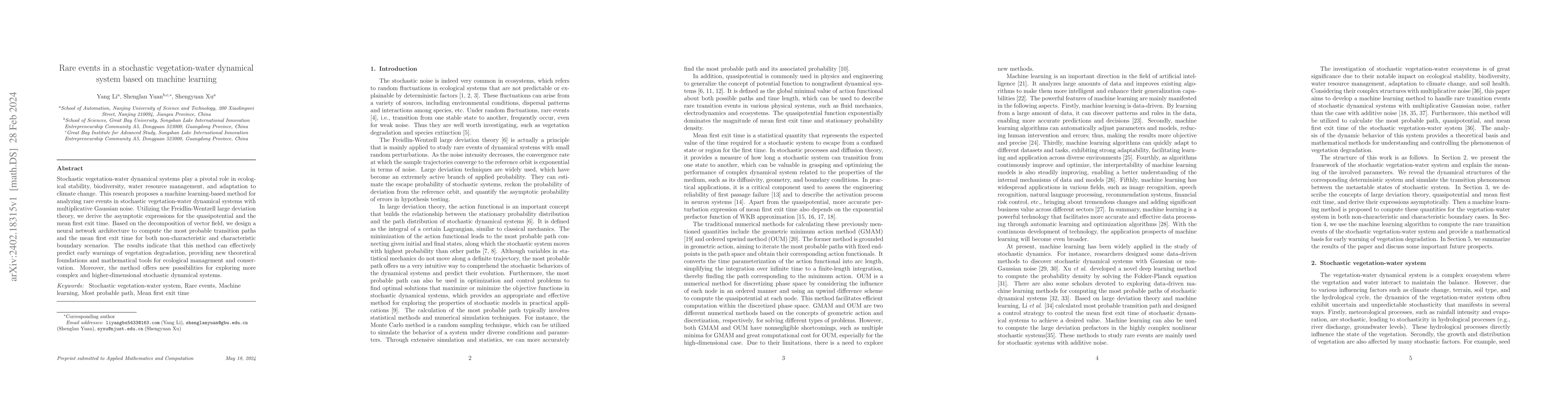 Thumbnail for Rare events in a stochastic vegetation-water dynamical system based on
  machine learning