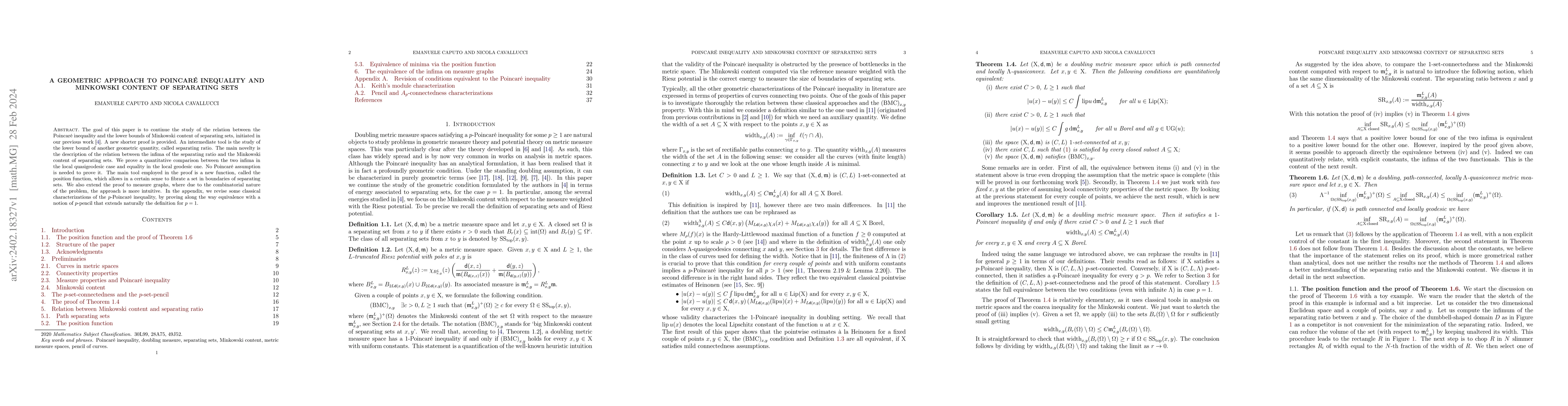 Thumbnail for A geometric approach to Poincar\'e inequality and Minkowski content of
  separating sets