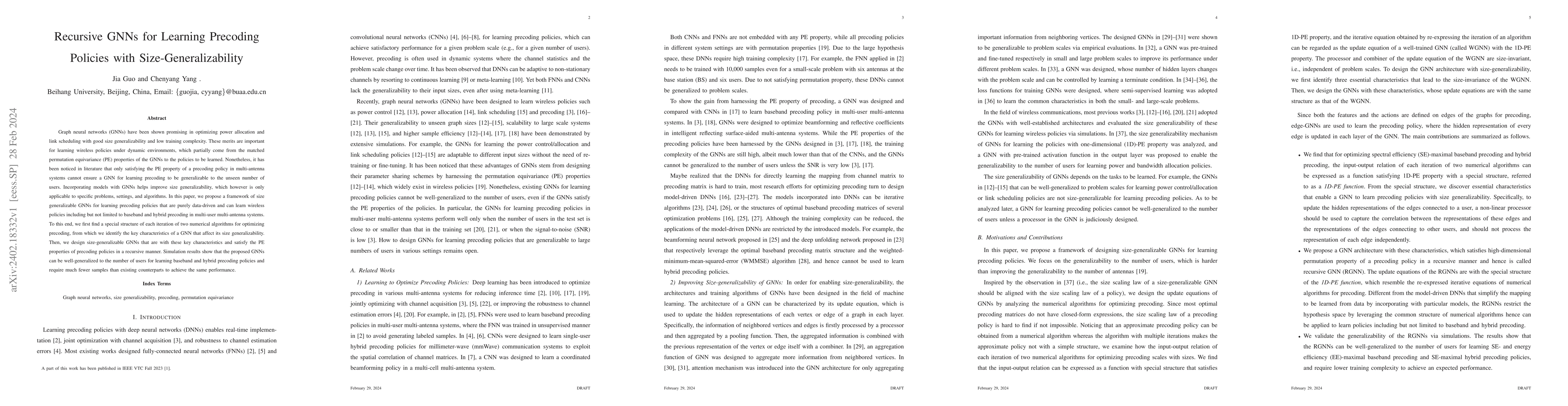 Thumbnail for Recursive GNNs for Learning Precoding Policies with
  Size-Generalizability
