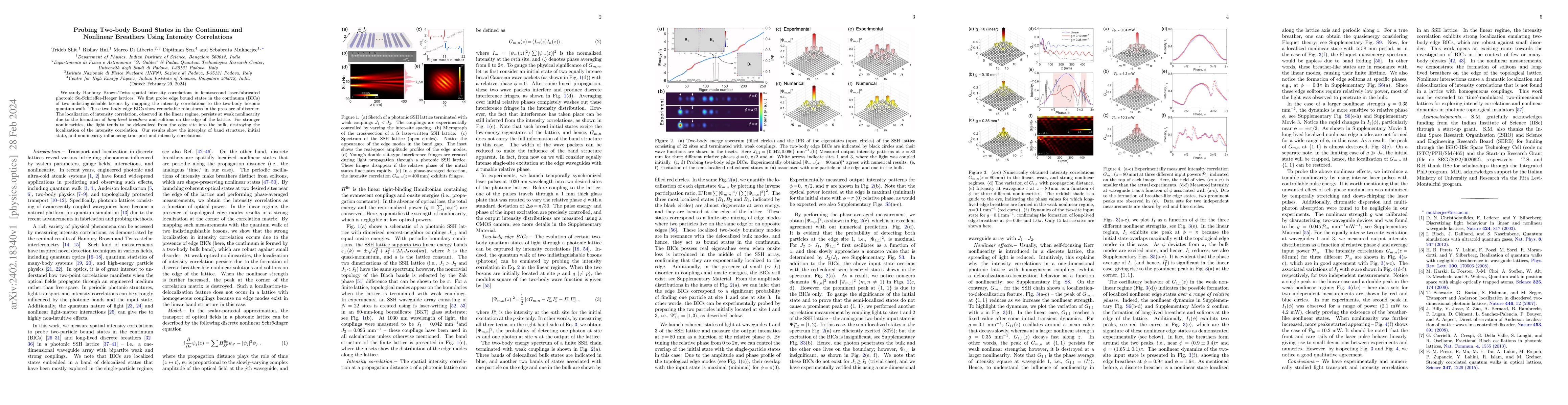 Thumbnail for Probing Two-body Bound States in the Continuum and Nonlinear Breathers
  Using Intensity Correlations