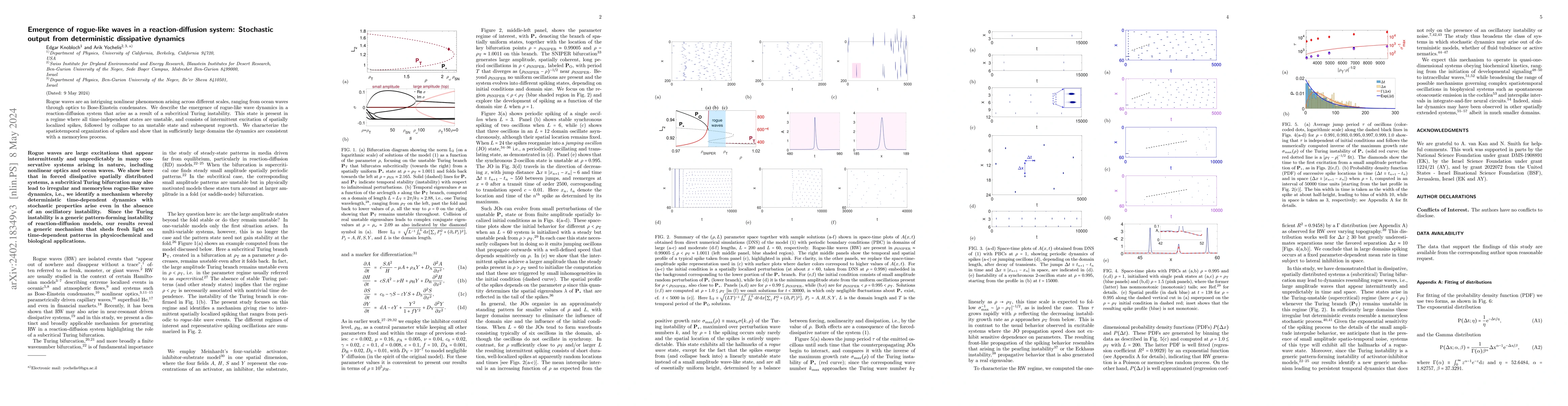Thumbnail for Emergence of rogue-like waves in a reaction-diffusion system: Stochastic
  output from deterministic dissipative dynamics